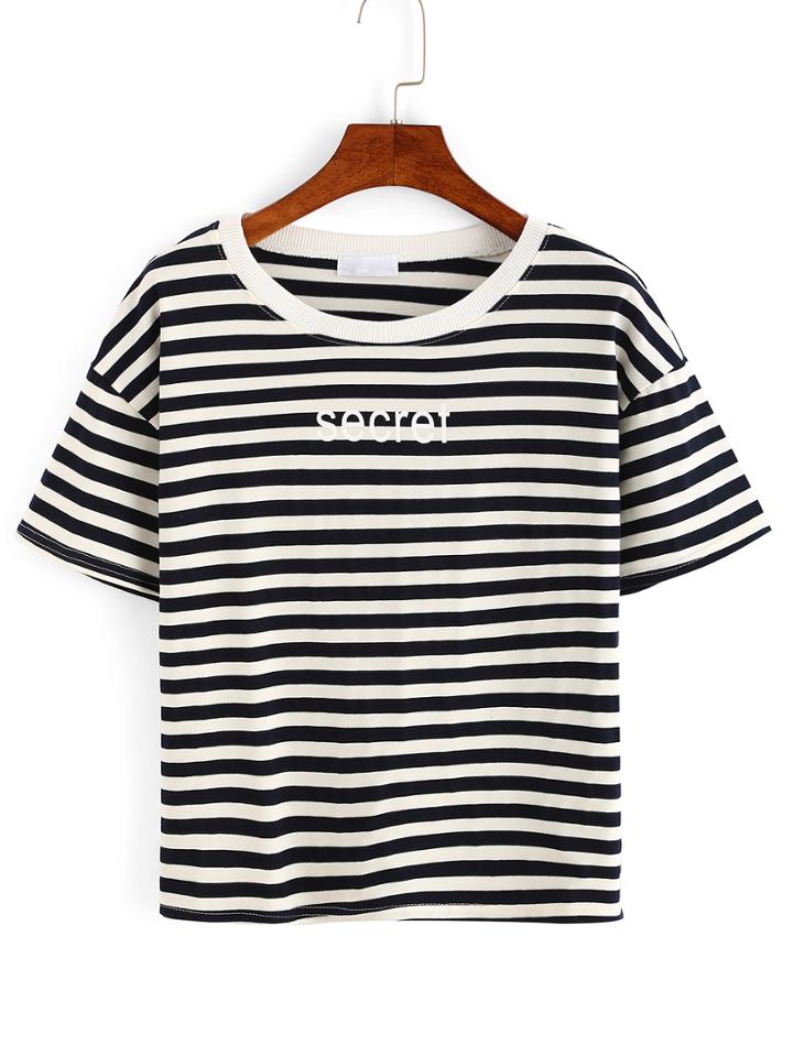 Shein Ribbed Neck Striped Letter Print T-shirt - Navy