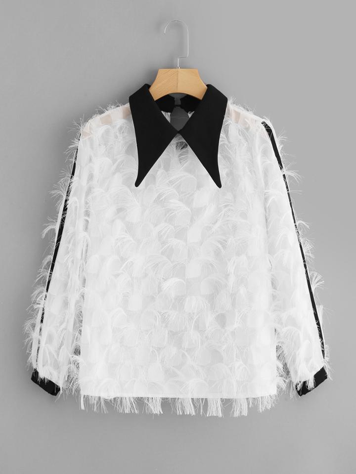 Shein Contrast Neck Feather Decorated Top