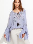 Shein Blue Tie Neck Bell Sleeve Embroidered Top