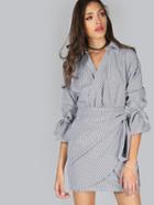 Shein Tie Cuff Pinstripe Wrap Dress