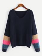 Shein V Neckline Contrast Faux Fur Sweater