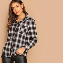 Shein Pocket Patched Plaid Buttoned Shirt