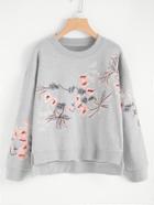 Shein Stepped Hem Heather Knit Embroidered Pullover