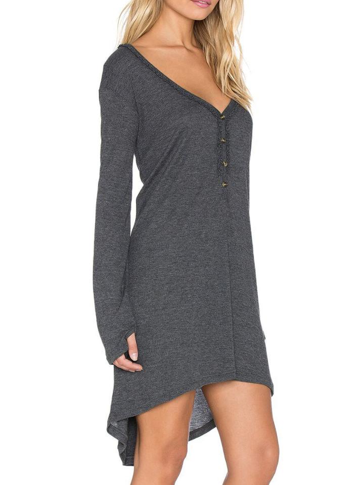 Shein Grey V Neck Buttons High Low Dress