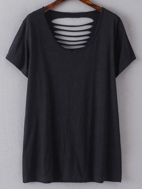 Shein Black Short Sleeve Ripped Hole Casual T-shirt