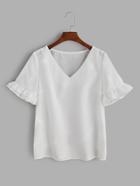 Shein White V Neck Frill Sleeve Top