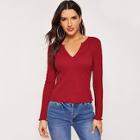 Shein V-neck Ribbed Knit Solid Tee