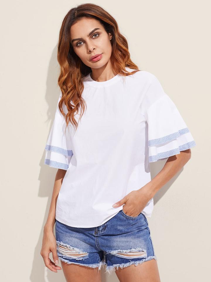 Shein Layered Bell Sleeve Contrast Trim Tied Back Blouse