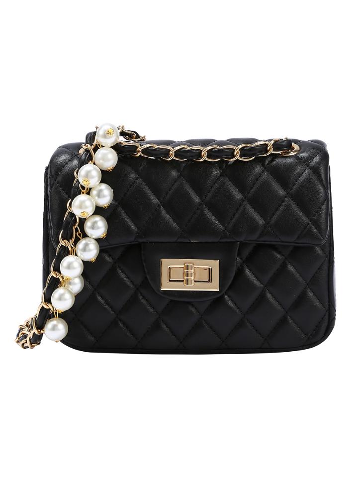 Shein Black Quilted Pearl Chain Bag