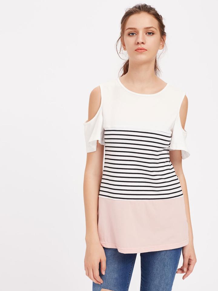 Shein Open Shoulder Flutter Sleeve Cut And Sew T-shirt