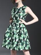 Shein Multicolor Beading Leaves Jacquard A-line Dress