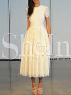 Shein White Short Sleeve Backless Lace Midi Dress
