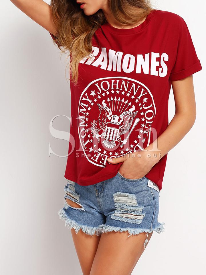 Shein Burgundy Roll Cuff Letter Print Casual T-shirt
