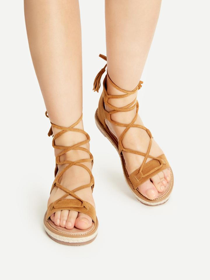 Shein Brown Lace Up Espadrille Flat Sandals With Tassel
