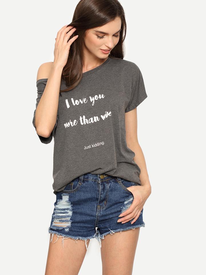 Shein Dark Grey Letters Print Short Sleeve T-shirt