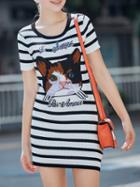 Shein White Striped Knit Cat Applique Pouf Dress