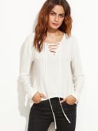 Shein White V Neck Lace Up Dip Hem T-shirt