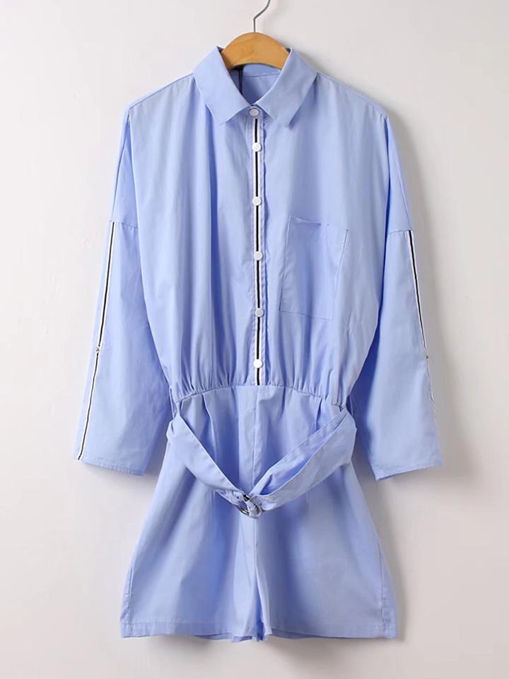 Shein Striped Trim Tie Waist Playsuit With Ring Detail