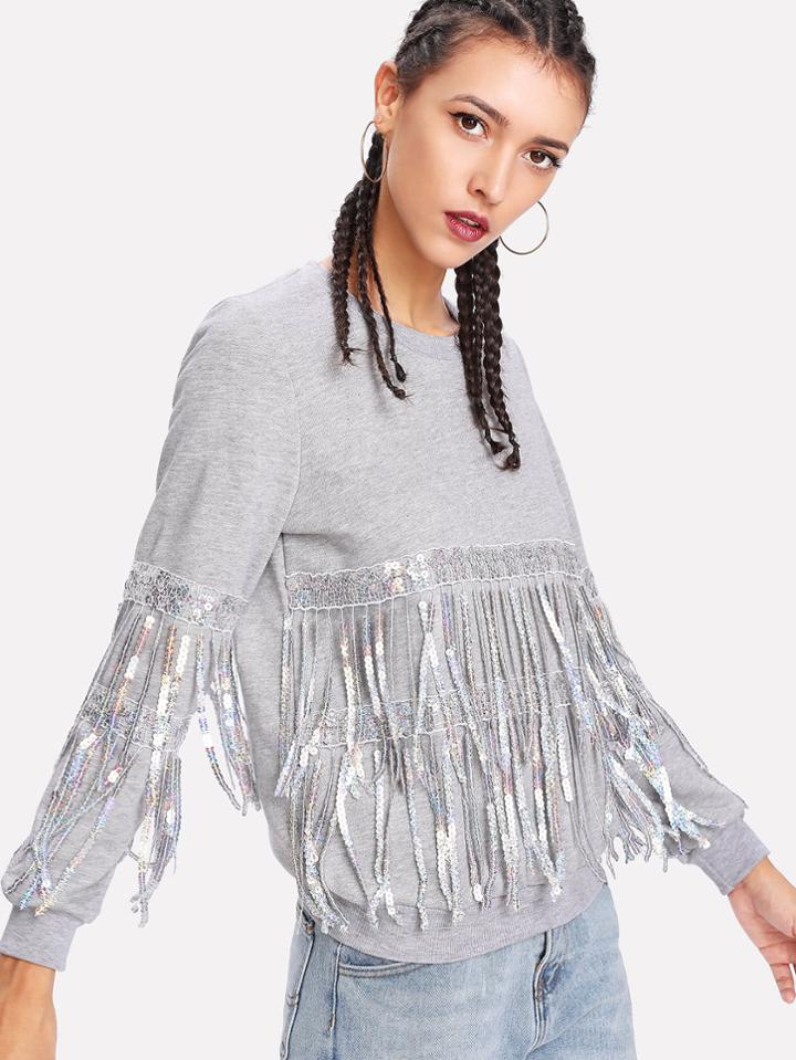 Shein Sequin And Fringe Embellished Sweatshirt