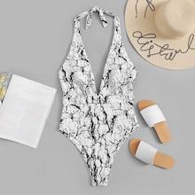 Shein Random Marble Print Backless Cut-out Deep-v Swimsuit