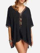 Shein Black V Neck Elbow Sleeve Hollow Out Shirt
