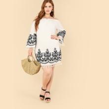Shein Plus Contrast Lace Tassel Hem Bardot Dress