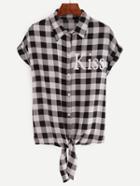 Shein Black Plaid Letters Print Knotted Blouse