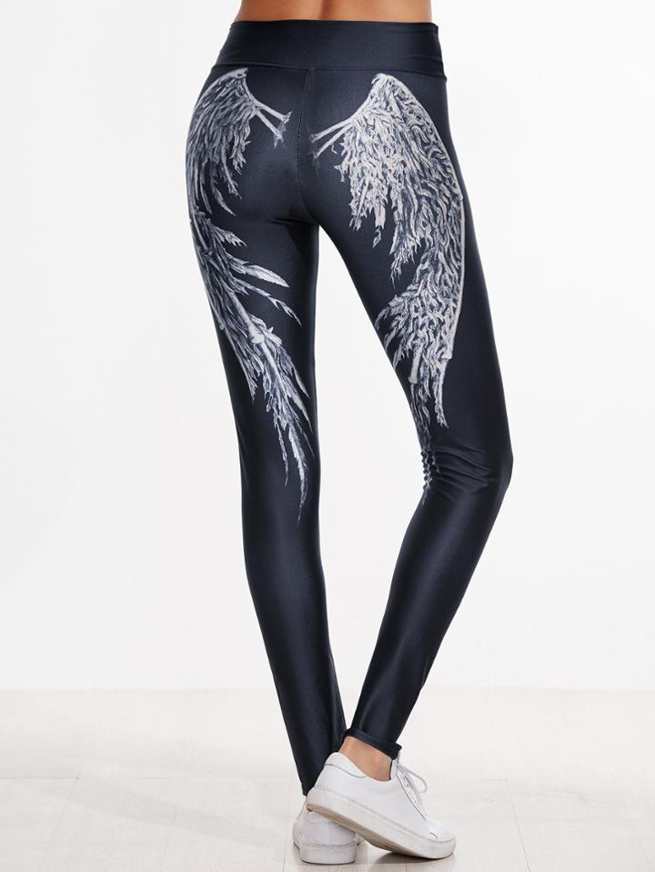 Shein Black Angel Wings Print Leggings