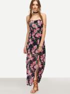 Shein Pink Rose Print Front Slit Bandeau Dress