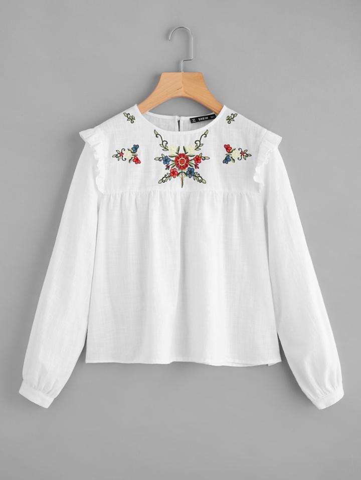 Shein Botanical Embroidered Frilled Detail Keyhole Back Top