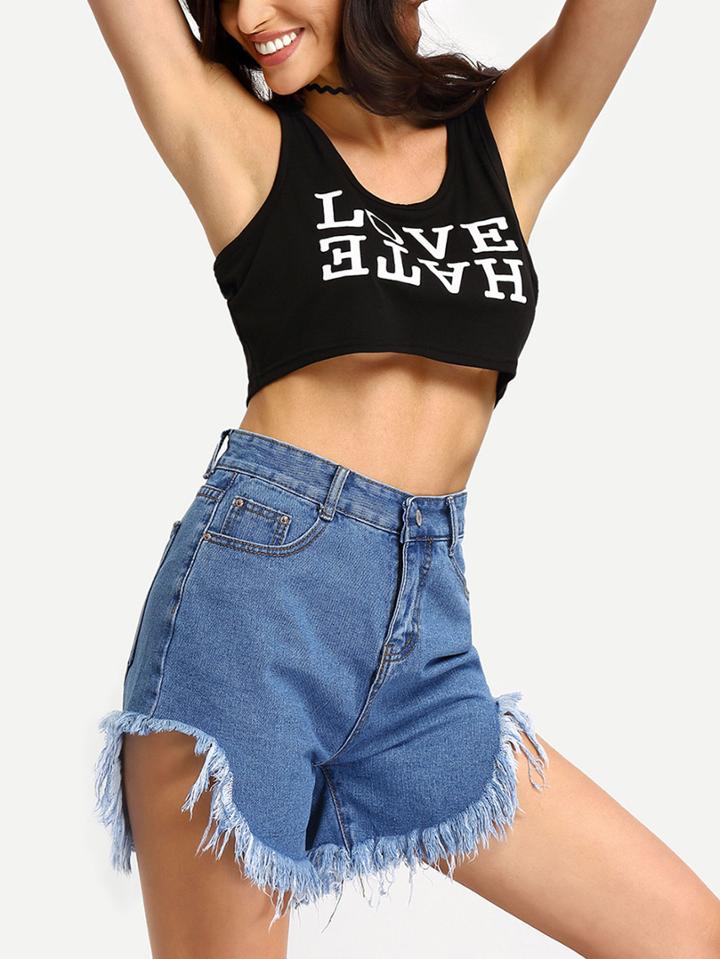 Shein Frayed Curved Hem High Waist Denim Shorts