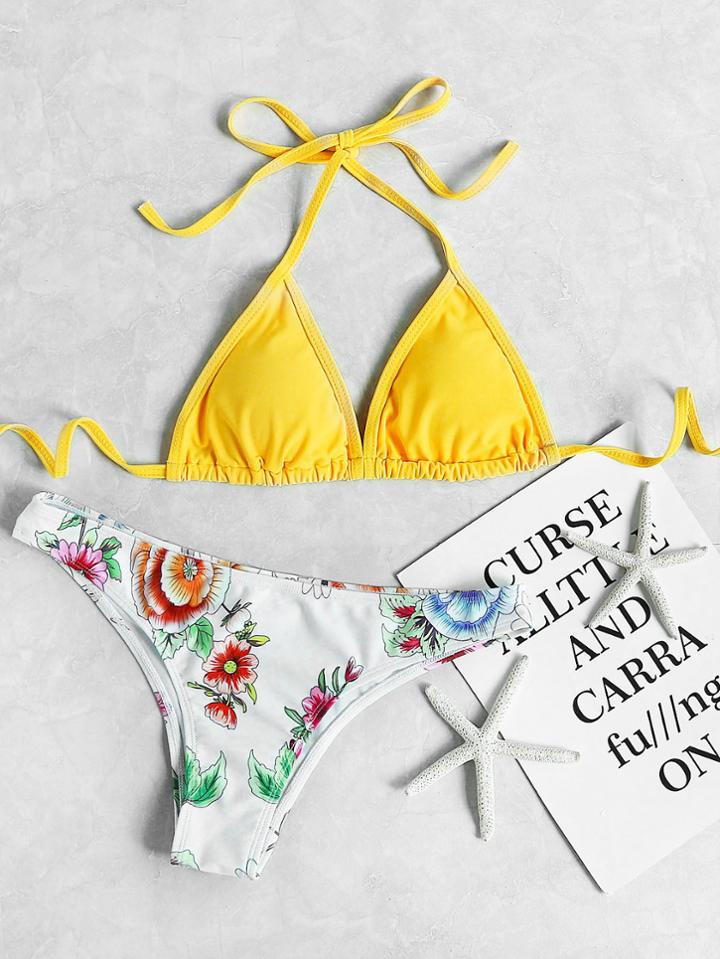 Shein Flower Print Halter Neck Triangle Mix And Match Bikini Set