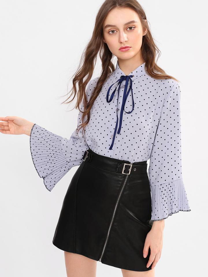 Shein Dot Print Bow Tie Neck Flounce Sleeve Shirt