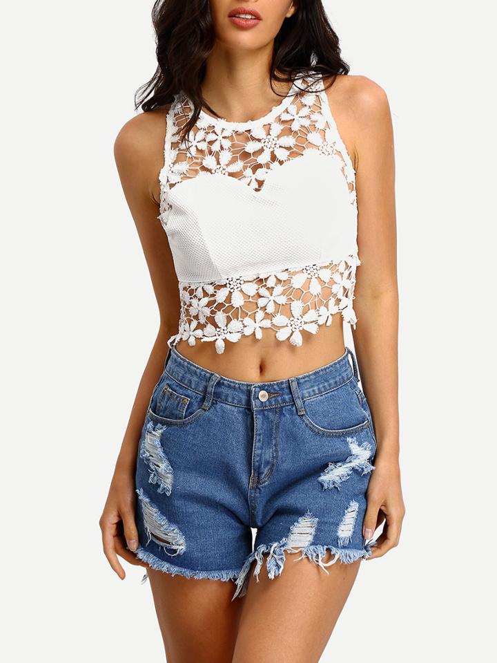 Shein White Hollow Out Croceht Insert Crop Tank Top