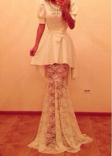 Rosewe Puff Sleeve Lace Splicing White Peplum Dress