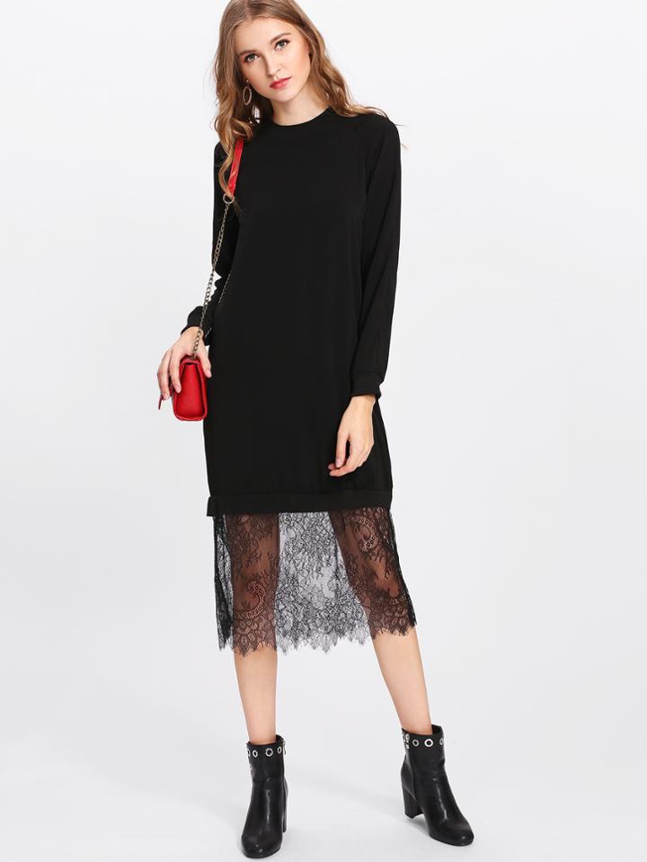 Shein Raglan Sleeve Lace Hem Sweatshirt Dress
