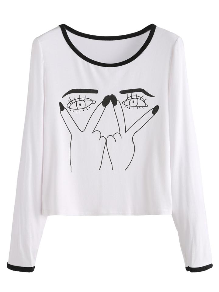 Shein Contrast Trim Gesture And Eyes Print T-shirt