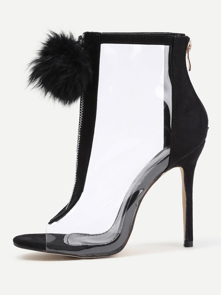 Shein Pom Pom Front Zipper Design Stiletto Heels