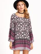 Shein Black Floral Print Bell Sleeve Shift Dress