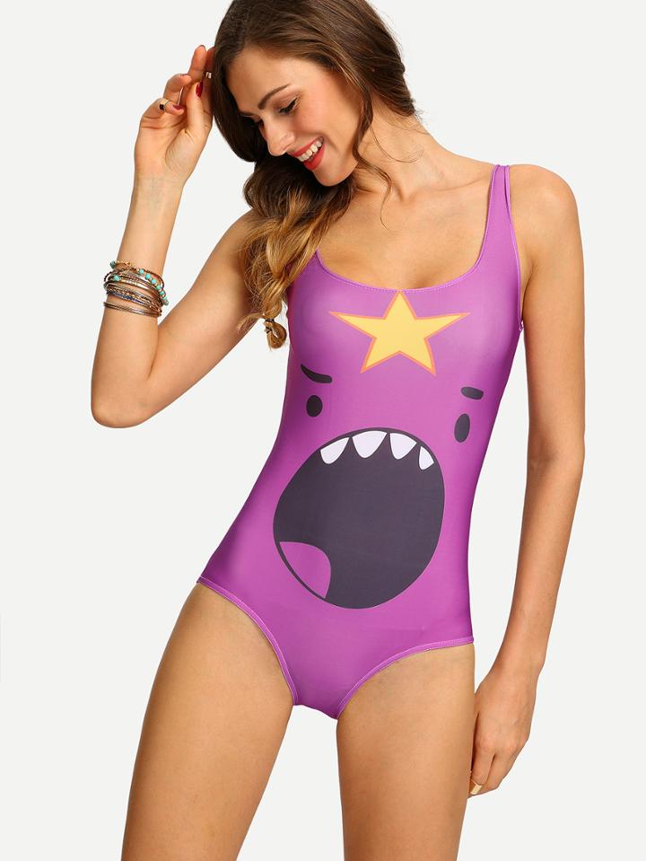 Shein Cartoon Yelling Face Print One-piece Swimwear - Purple
