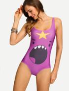 Shein Cartoon Yelling Face Print One-piece Swimwear - Purple