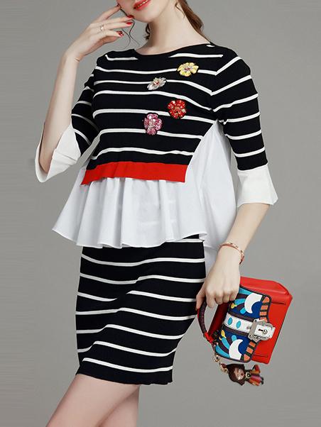 Shein Black White Striped Ruffle Flowers Applique Top With Skirt