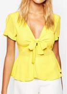 Rosewe Bowknot Decorated V Neck Yellow Asymmetric Blouse