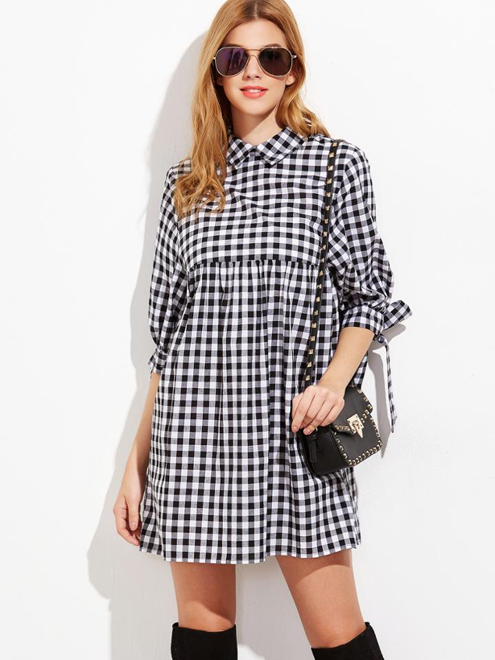 Shein Black And White Gingham Tie Sleeve Babydoll Dress