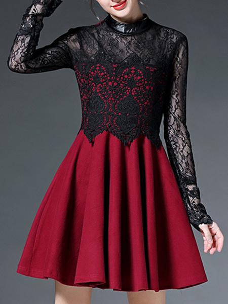Shein Wine Red Round Neck Long Sleeve Lace Contrast Pu Dress