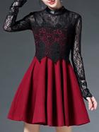 Shein Wine Red Round Neck Long Sleeve Lace Contrast Pu Dress
