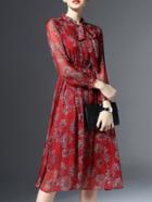 Shein Red Tie Neck Floral Elastic-waist Dress