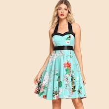 Shein Halter Neck Knot Flower Print Dress