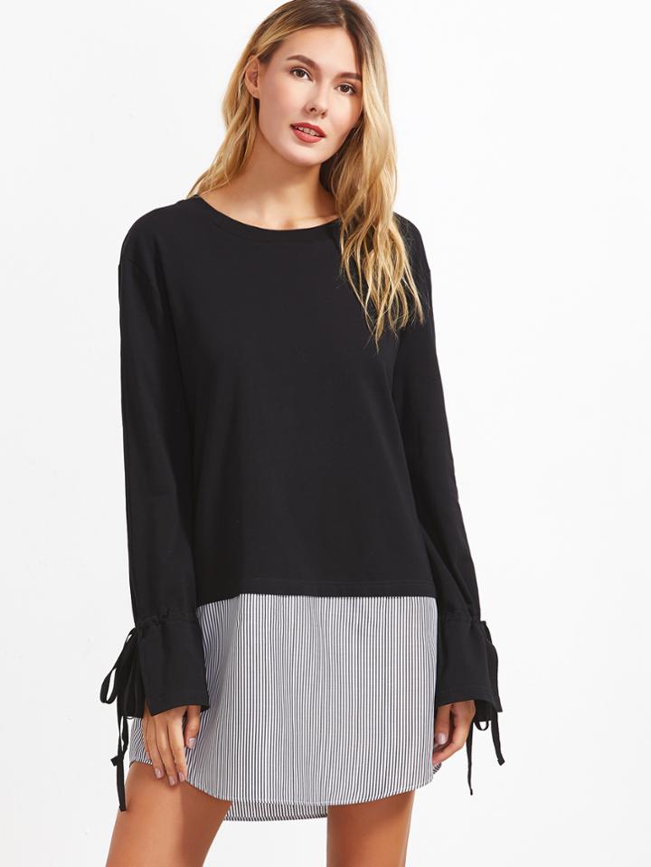 Shein Black Contrast Striped Trim Drawstring Cuff Dress