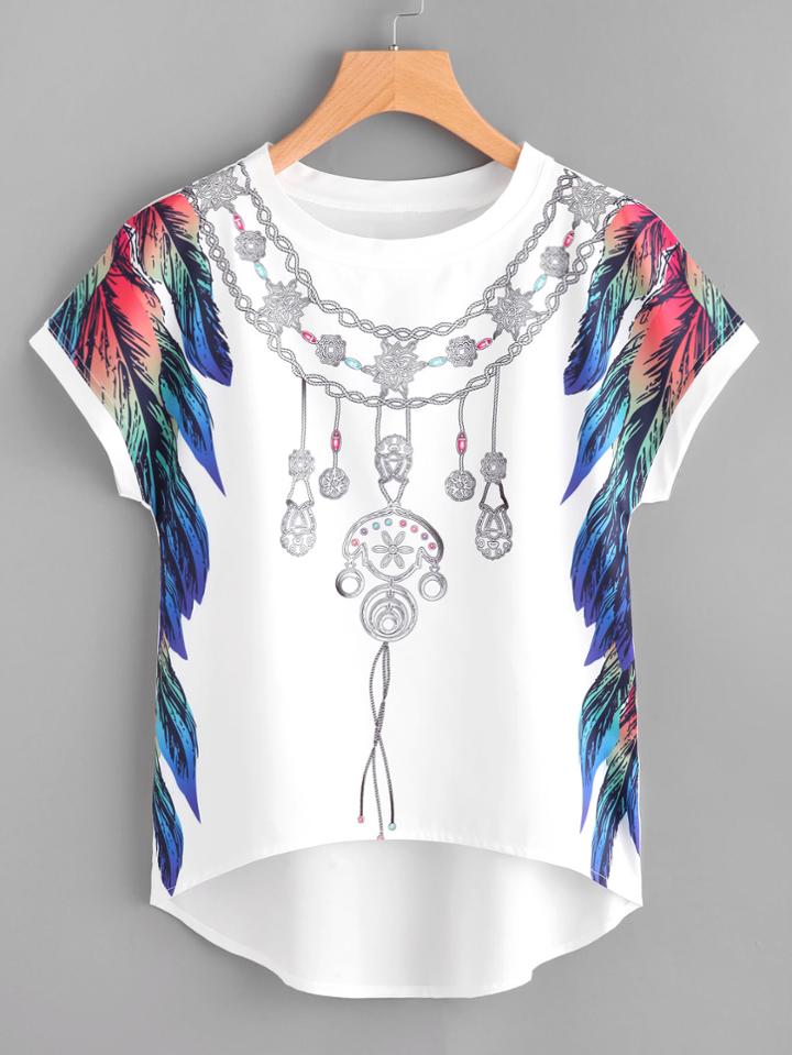 Shein Boho Print Dip Hem Chiffon Top
